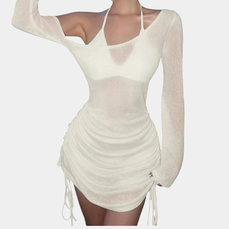 Gleame.-Jurken & Jumpsuits-Gleame Mini jurk - Solid skew collar met ruched straps en lace-up design