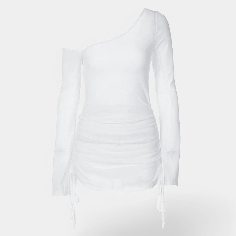 Gleame.-Jurken & Jumpsuits-Gleame Mini jurk - Solid skew collar met ruched straps en lace-up design