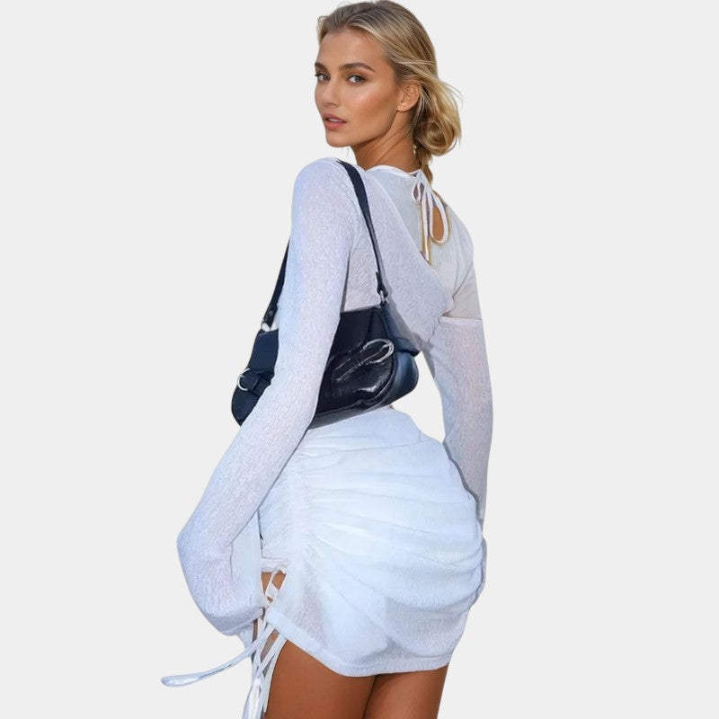 Gleame.-Jurken & Jumpsuits-Gleame Mini jurk - Solid skew collar met ruched straps en lace-up design