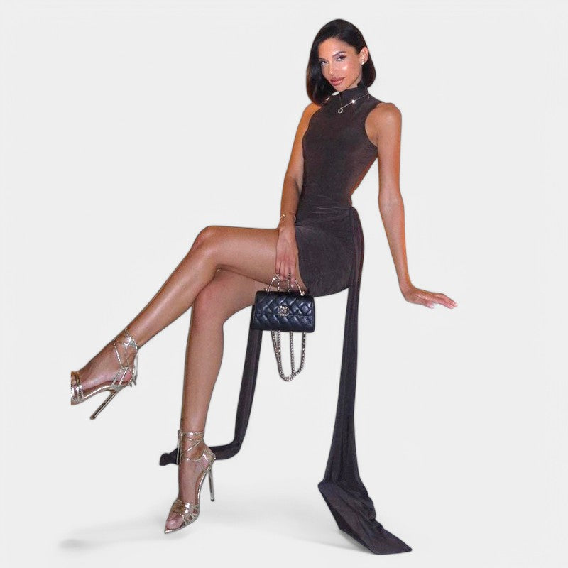 Gleame.-Jurken & Jumpsuits-Gleame Mini jurk - Turtleneck mouwloos sexy met ruches