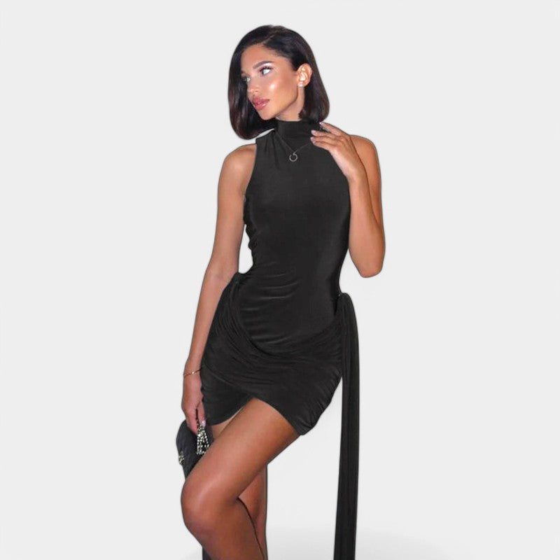 Gleame.-Jurken & Jumpsuits-Gleame Mini jurk - Turtleneck mouwloos sexy met ruches