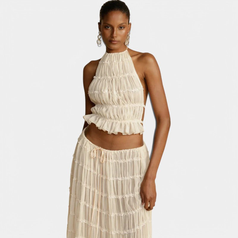 Gleame Tweedelige set - Beige Lange rok en haltertop voor de zomer