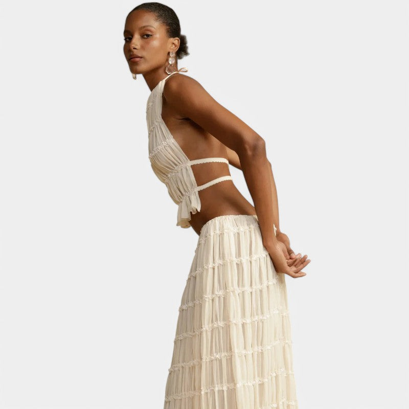Gleame Tweedelige set - Beige Lange rok en haltertop voor de zomer