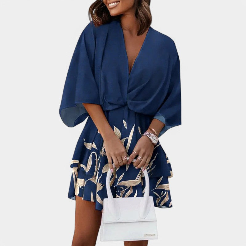 Gleame.-Jurken & Jumpsuits-Gleame jurk - Elegante korte mouw V-hals party jurk met bloemenprint