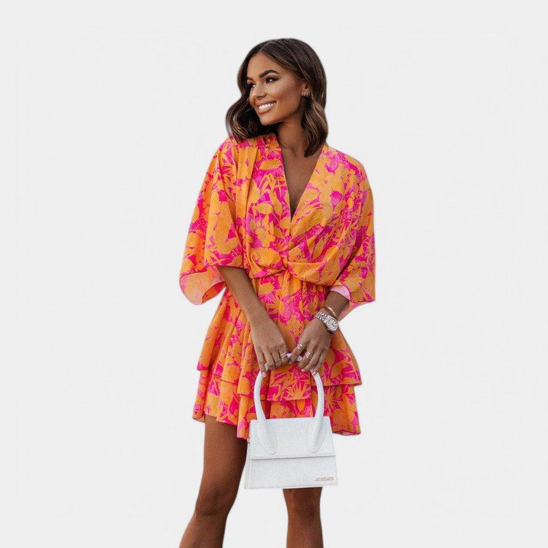 Gleame.-Jurken & Jumpsuits-Gleame jurk - Elegante korte mouw V-hals party jurk met bloemenprint