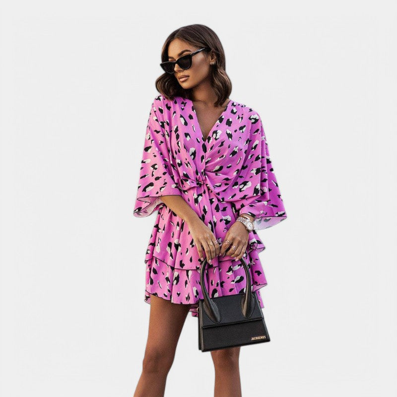 Gleame.-Jurken & Jumpsuits-Gleame jurk - Elegante korte mouw V-hals party jurk met bloemenprint