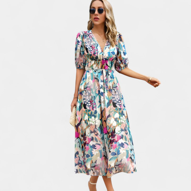 Gleame.-Jurken & Jumpsuits-Gleame jurk - Korte mouw lange jurk met bloemenprint voor vrouwen