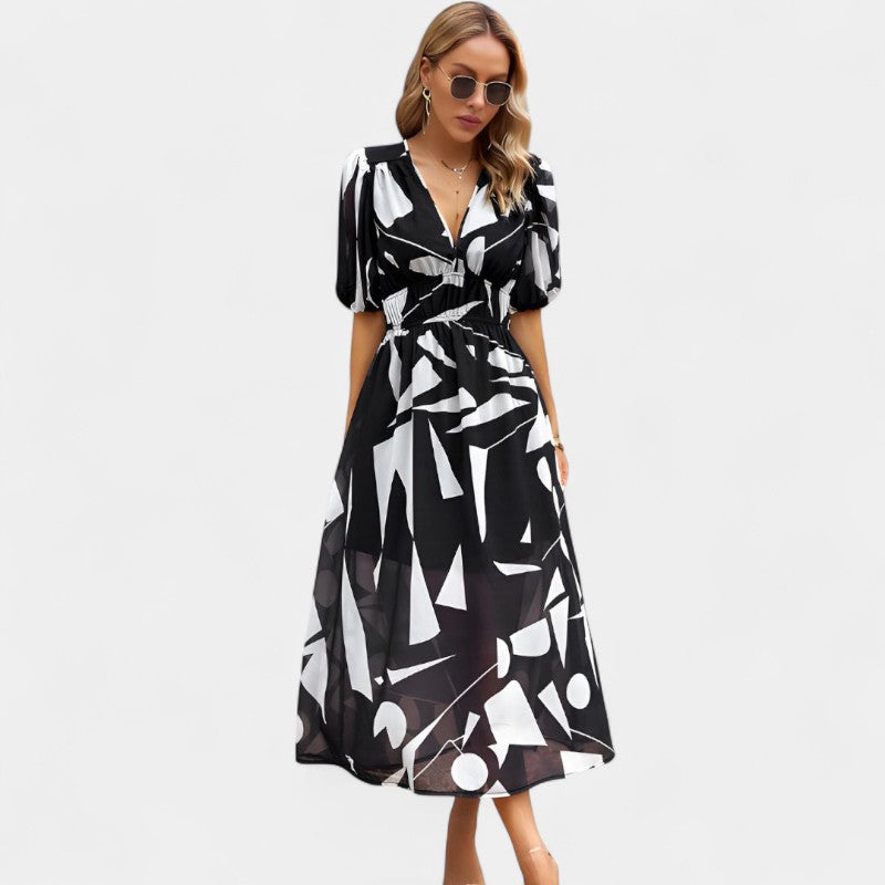 Gleame.-Jurken & Jumpsuits-Gleame jurk - Korte mouw lange jurk met bloemenprint voor vrouwen