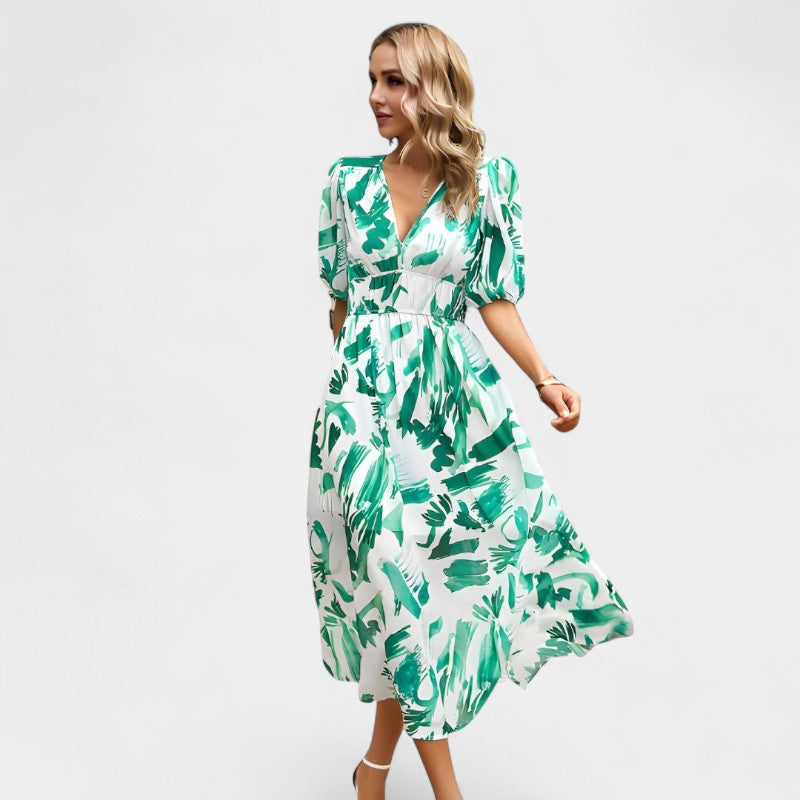 Gleame.-Jurken & Jumpsuits-Gleame jurk - Korte mouw lange jurk met bloemenprint voor vrouwen