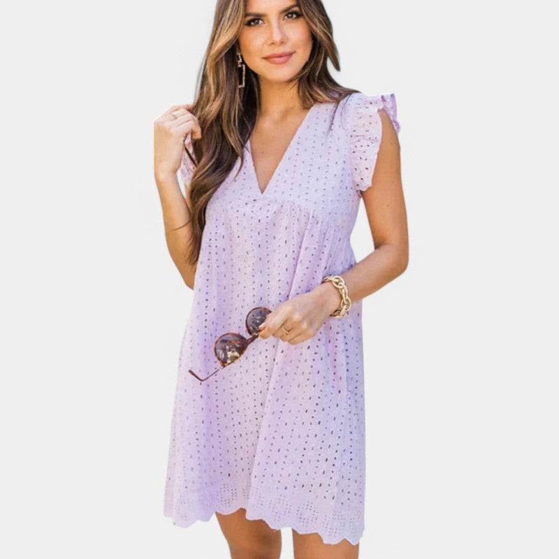 Gleame.-Jurken & Jumpsuits-Gleame jurk - Nieuwe kant jacquard V-hals jurk met zakken