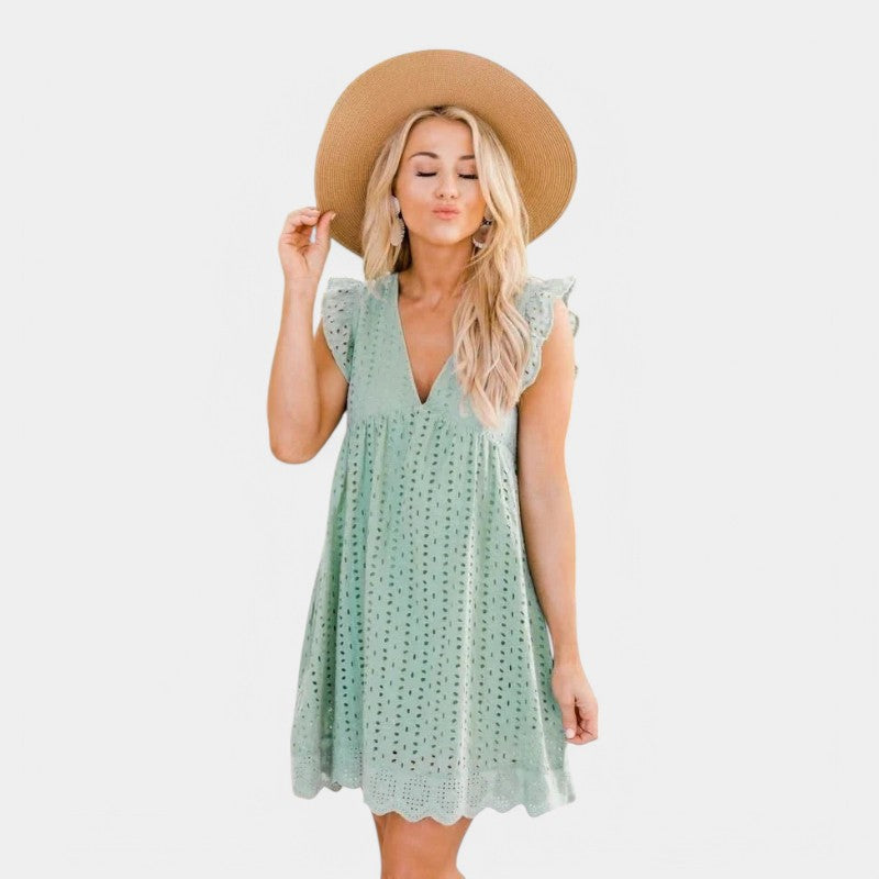 Gleame.-Jurken & Jumpsuits-Gleame jurk - Nieuwe kant jacquard V-hals jurk met zakken