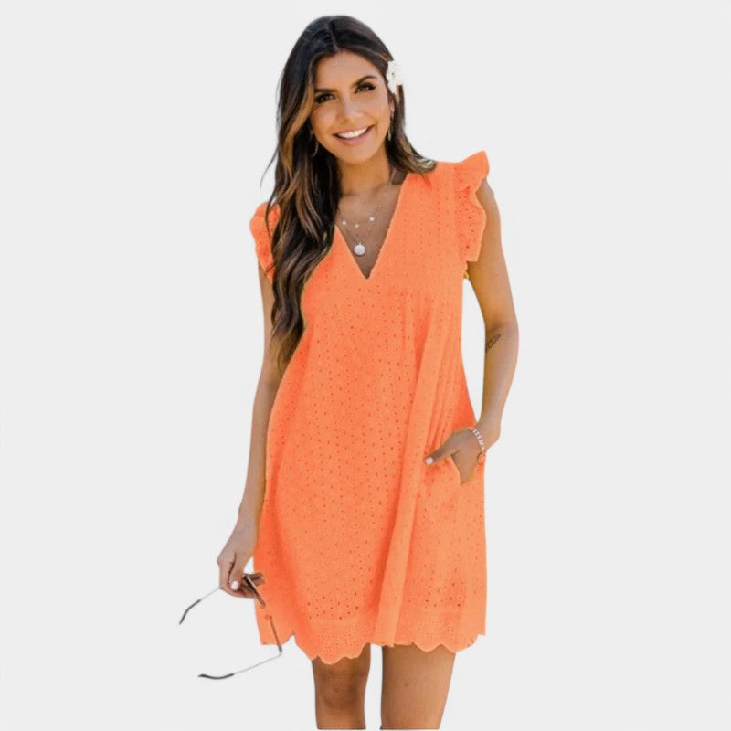 Gleame.-Jurken & Jumpsuits-Gleame jurk - Nieuwe kant jacquard V-hals jurk met zakken