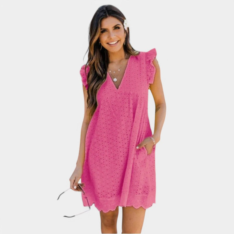 Gleame.-Jurken & Jumpsuits-Gleame jurk - Nieuwe kant jacquard V-hals jurk met zakken