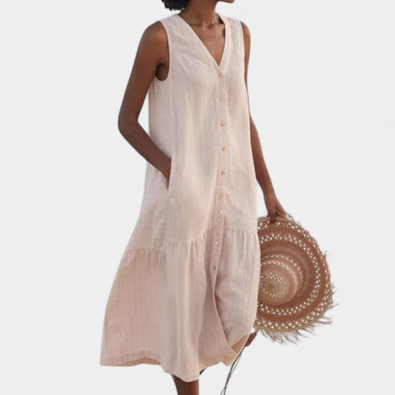 Gleame.-Jurken & Jumpsuits-Gleame jurk - V-hals, losse, casual lange jurk met zakken