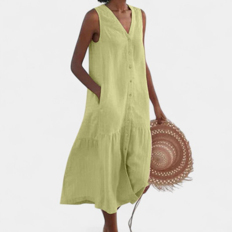 Gleame.-Jurken & Jumpsuits-Gleame jurk - V-hals, losse, casual lange jurk met zakken