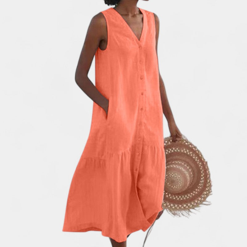 Gleame.-Jurken & Jumpsuits-Gleame jurk - V-hals, losse, casual lange jurk met zakken