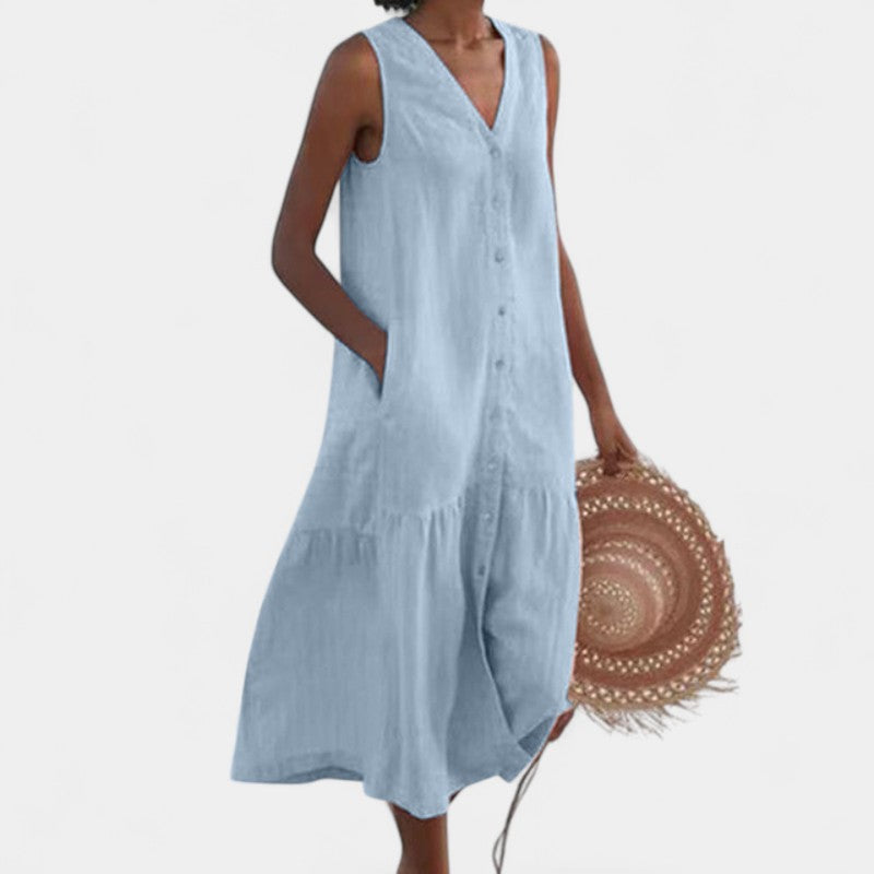 Gleame.-Jurken & Jumpsuits-Gleame jurk - V-hals, losse, casual lange jurk met zakken