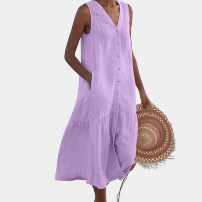 Gleame.-Jurken & Jumpsuits-Gleame jurk - V-hals, losse, casual lange jurk met zakken