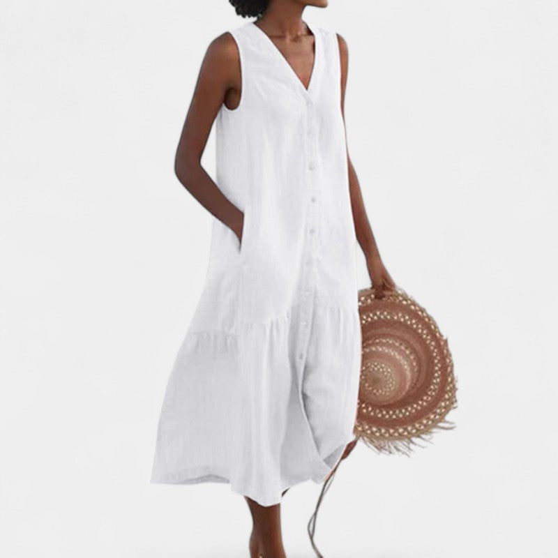 Gleame.-Jurken & Jumpsuits-Gleame jurk - V-hals, losse, casual lange jurk met zakken