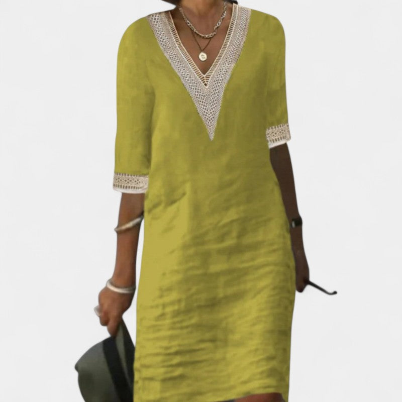 Gleame.-Jurken & Jumpsuits-Gleame jurk - V-hals mid-sleeve katoen linnen jurk