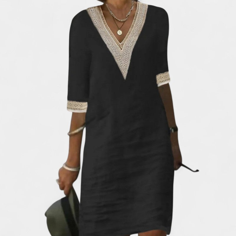 Gleame.-Jurken & Jumpsuits-Gleame jurk - V-hals mid-sleeve katoen linnen jurk