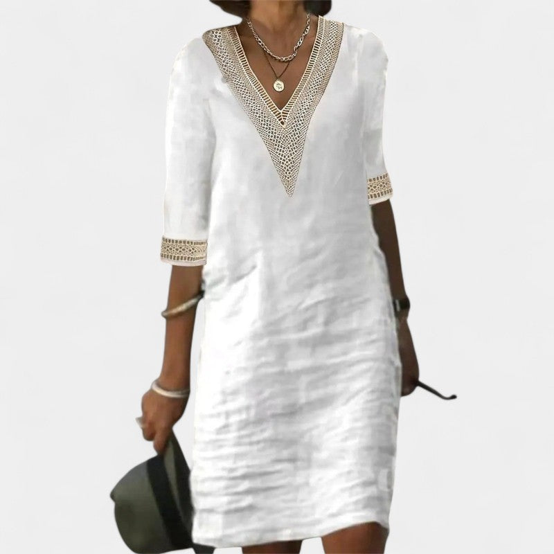 Gleame.-Jurken & Jumpsuits-Gleame jurk - V-hals mid-sleeve katoen linnen jurk