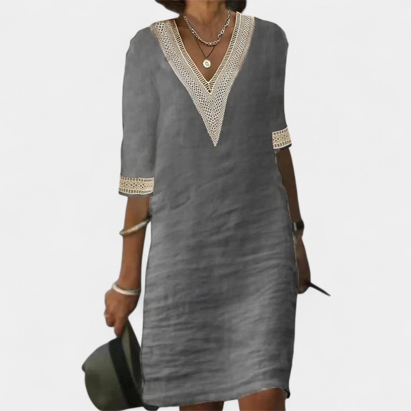 Gleame.-Jurken & Jumpsuits-Gleame jurk - V-hals mid-sleeve katoen linnen jurk