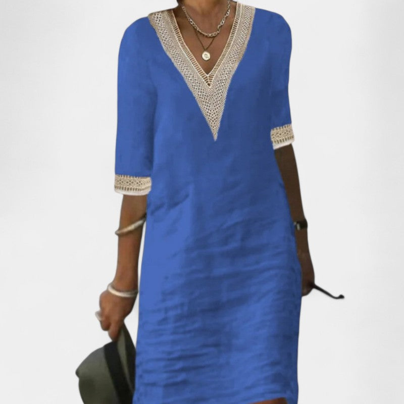 Gleame.-Jurken & Jumpsuits-Gleame jurk - V-hals mid-sleeve katoen linnen jurk