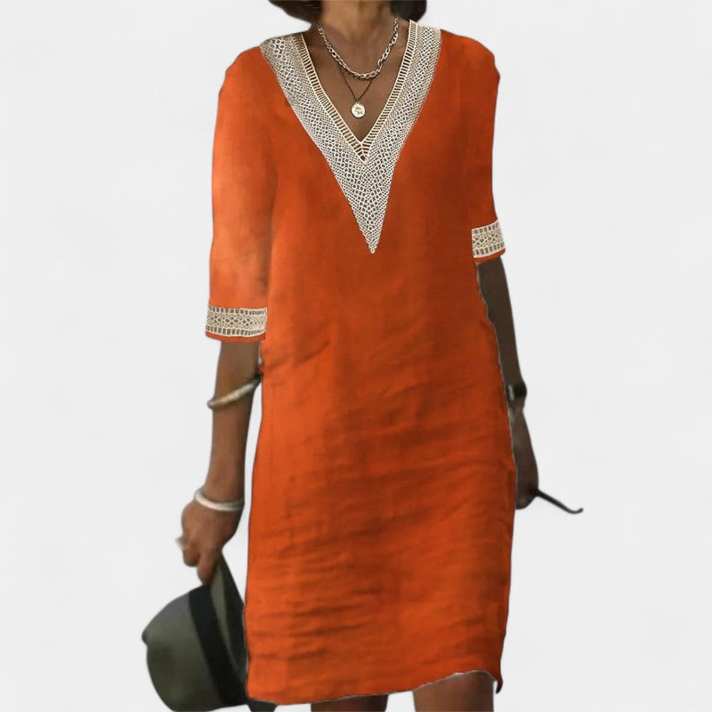 Gleame.-Jurken & Jumpsuits-Gleame jurk - V-hals mid-sleeve katoen linnen jurk