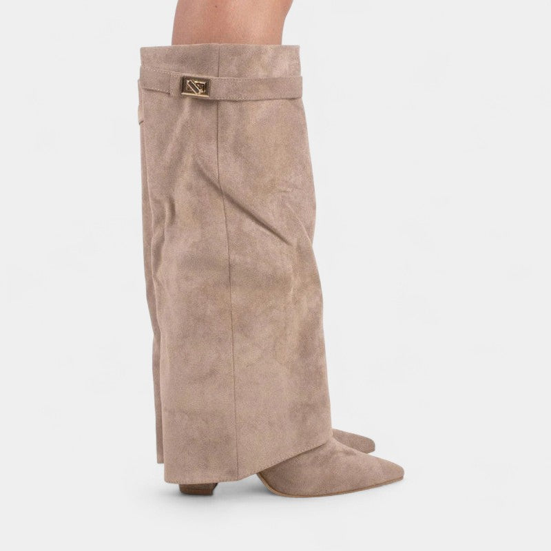 Gleame.-Laarzen-Gleame | Dames laarzen van suède tot onder de knie met omgeslagen schacht en puntige neus