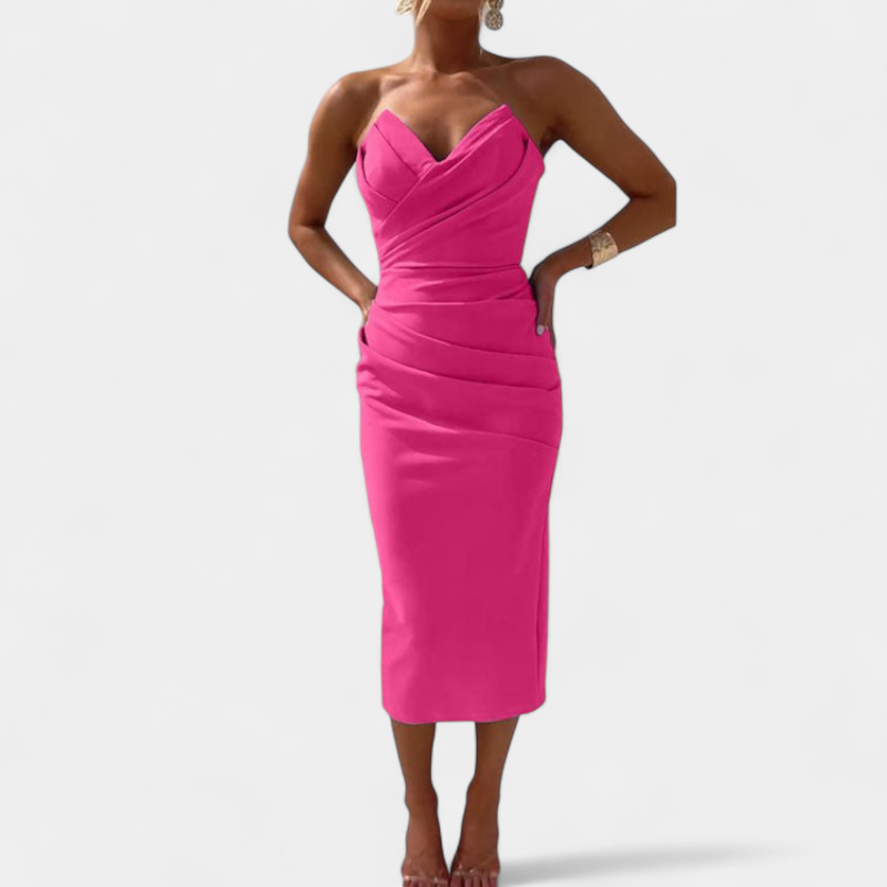Gleame.-Midi Dress-Gleame Jurk - Elegante strapless midi jurk met split aan de achterkant