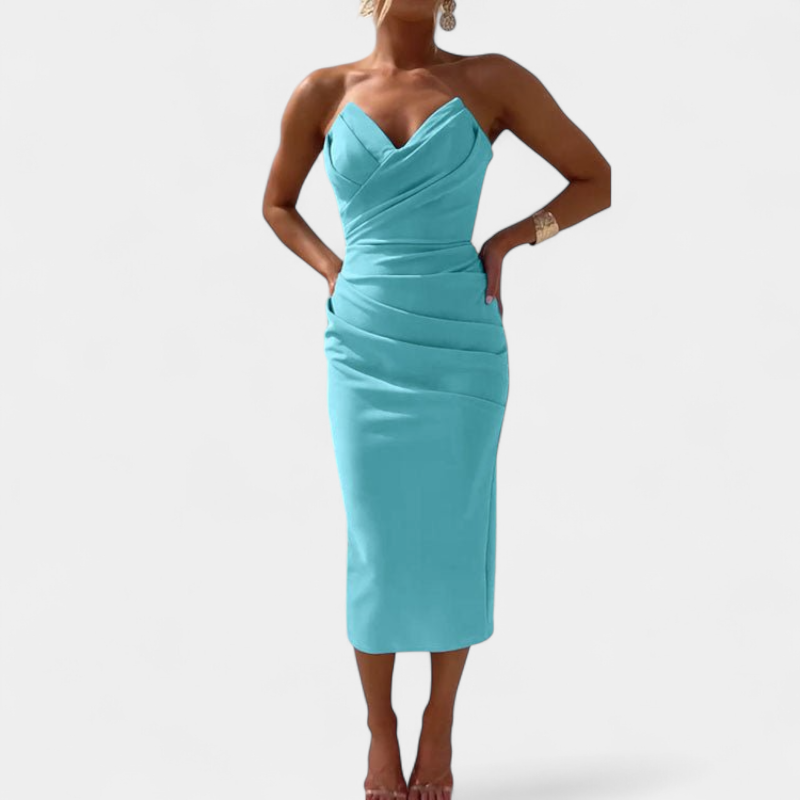 Gleame.-Midi Dress-Gleame Jurk - Elegante strapless midi jurk met split aan de achterkant
