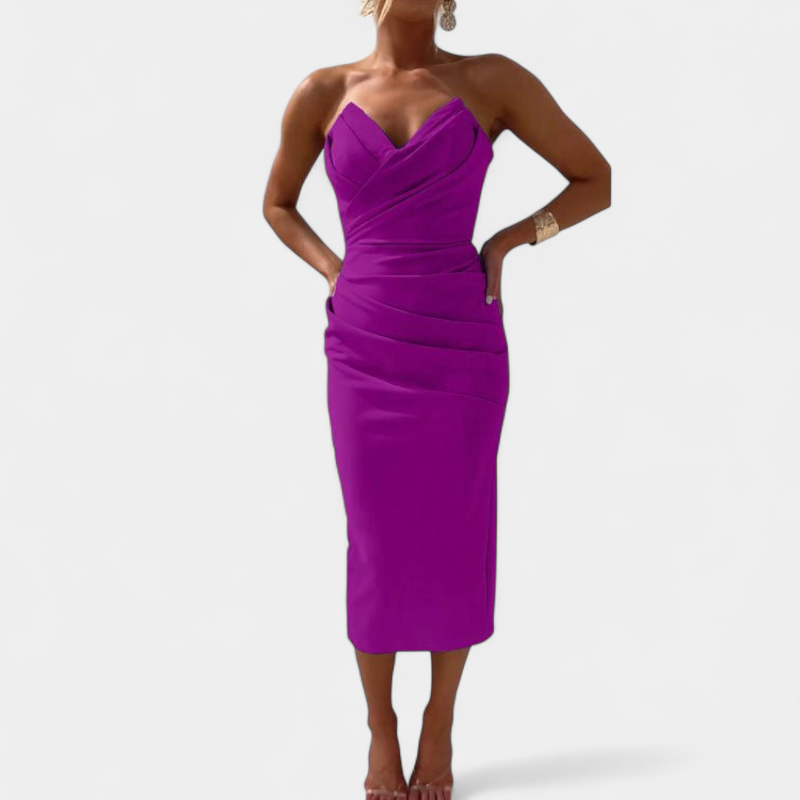 Gleame.-Midi Dress-Gleame Jurk - Elegante strapless midi jurk met split aan de achterkant