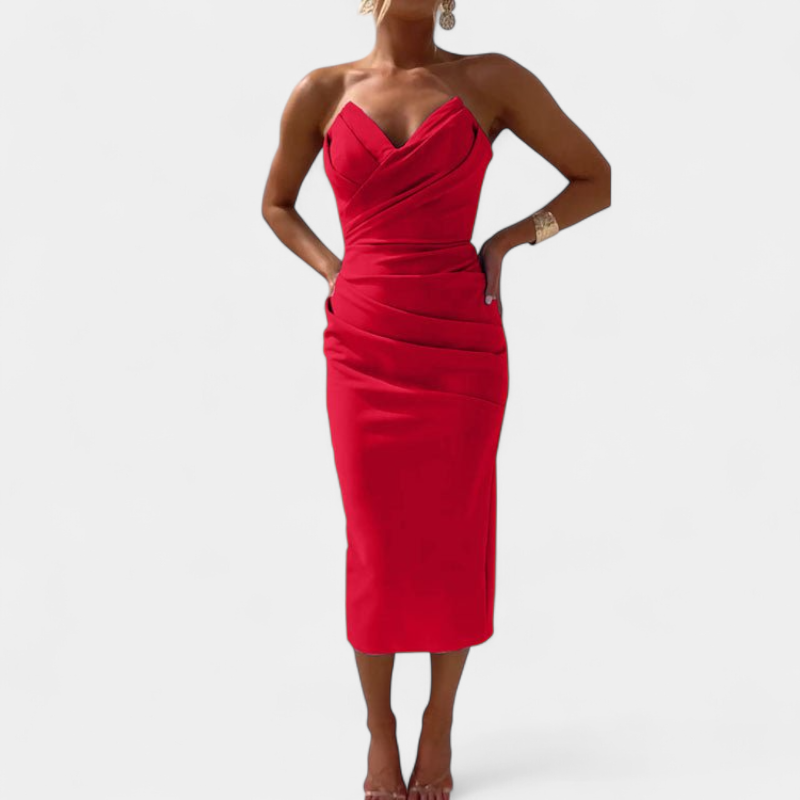 Gleame.-Midi Dress-Gleame Jurk - Elegante strapless midi jurk met split aan de achterkant