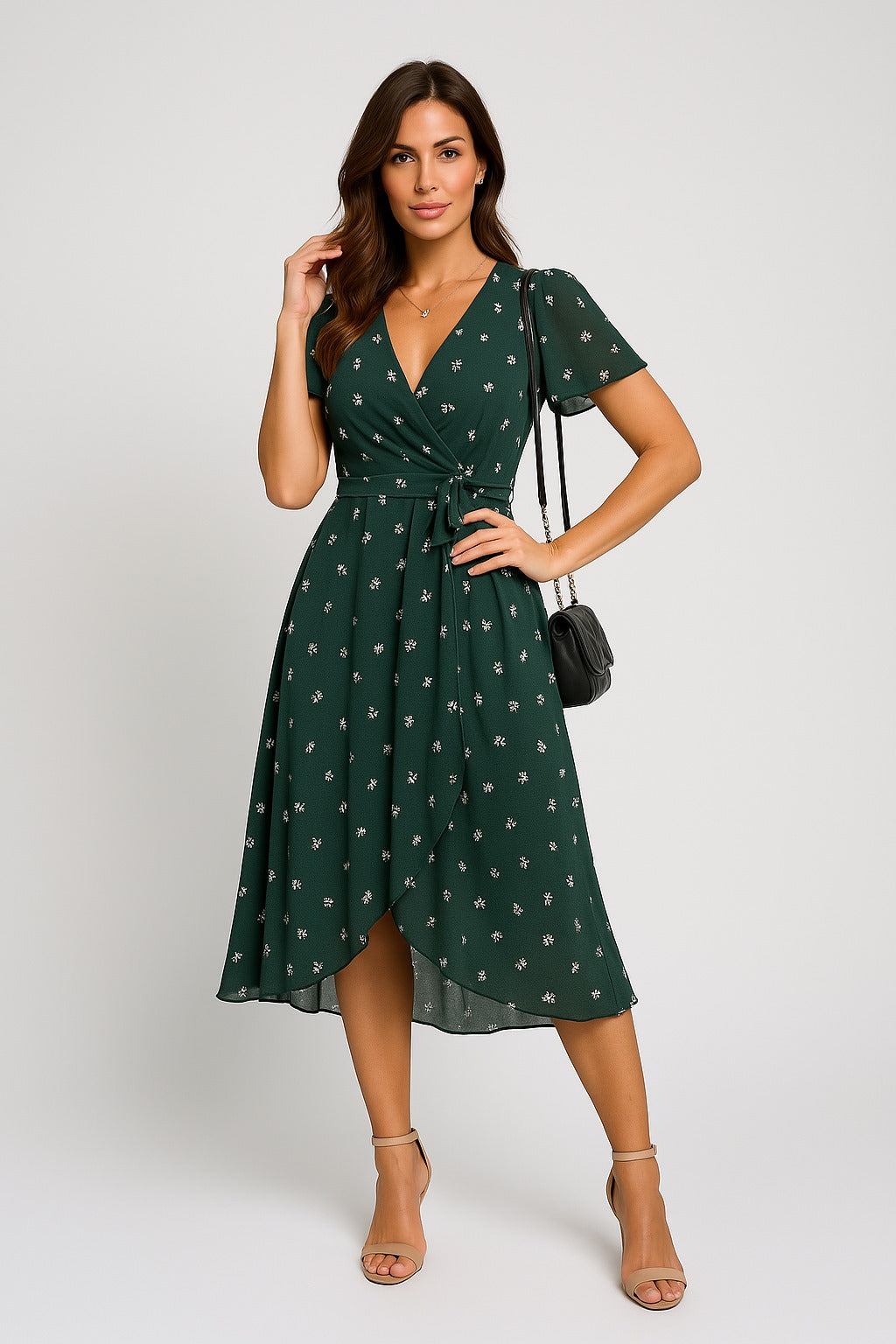 Gleame.-Midi Dresses-Gleame Wikkeljurk met Bloemenprint – Elegante Midi Jurk met V-Hals en Vlindermouwen