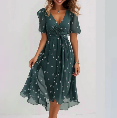 Gleame.-Midi Dresses-Gleame Wikkeljurk met Bloemenprint – Elegante Midi Jurk met V-Hals en Vlindermouwen