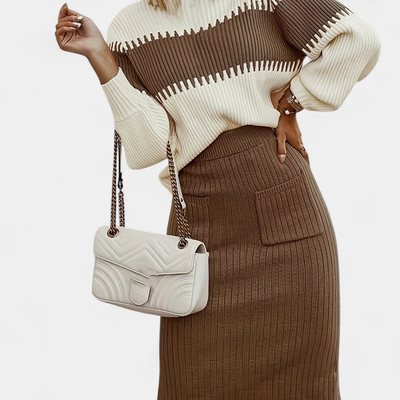 Gleame.-Outfit Sets-Gleame Set - Twee-delig midi rok en longsleeve trui set voor dames