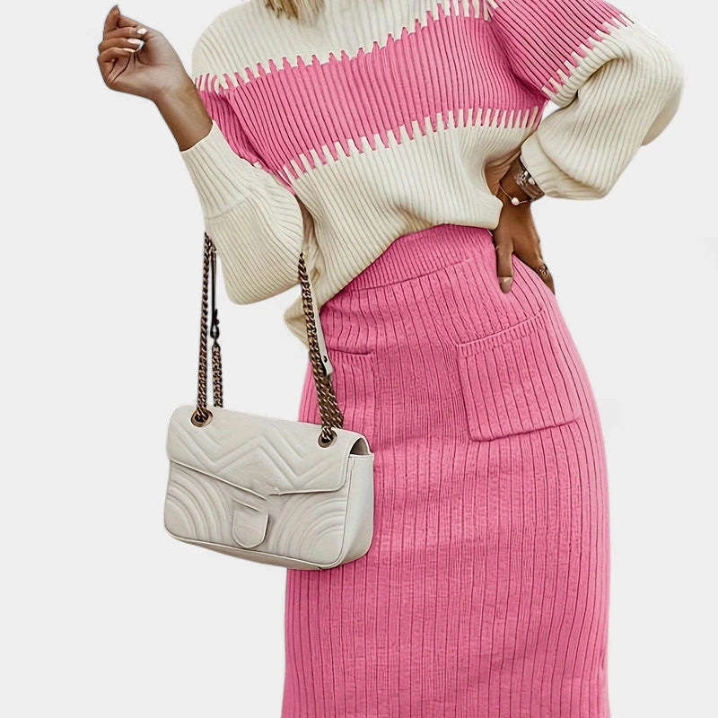 Gleame.-Outfit Sets-Gleame Set - Twee-delig midi rok en longsleeve trui set voor dames