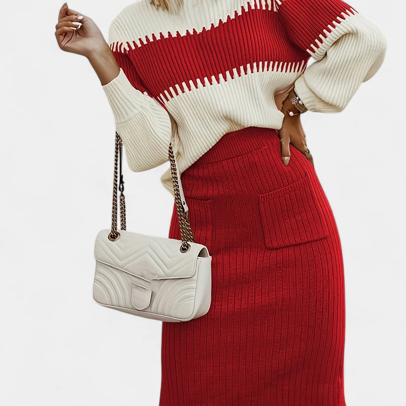 Gleame.-Outfit Sets-Gleame Set - Twee-delig midi rok en longsleeve trui set voor dames