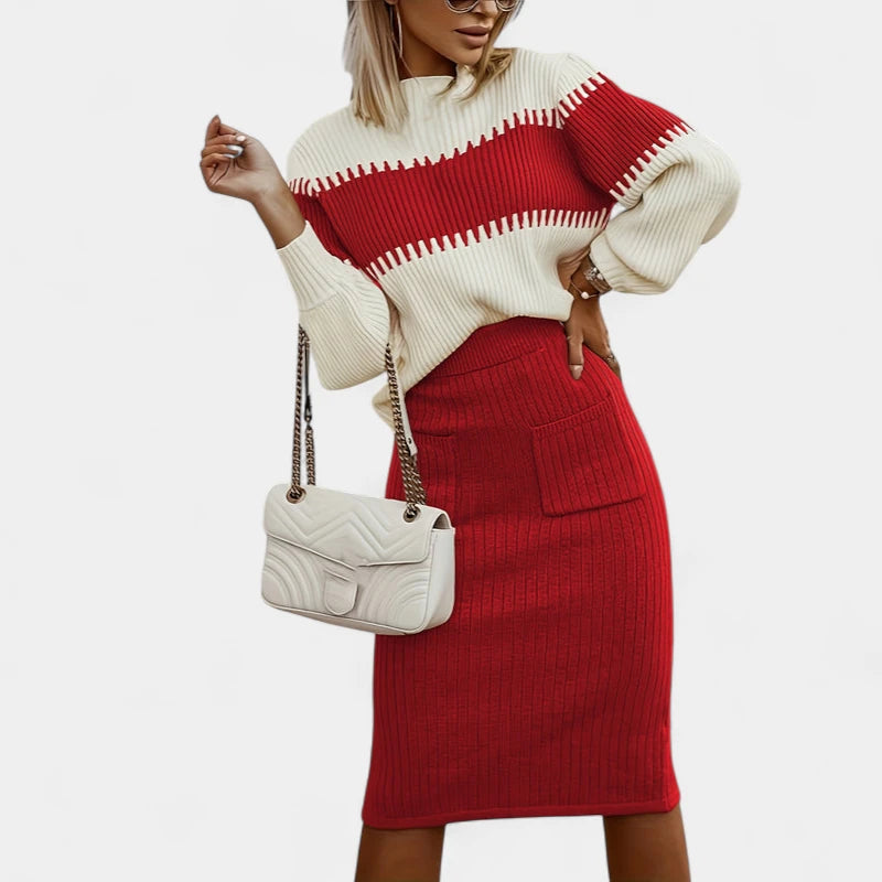 Gleame.-Outfit Sets-Gleame Set - Twee-delig midi rok en longsleeve trui set voor dames