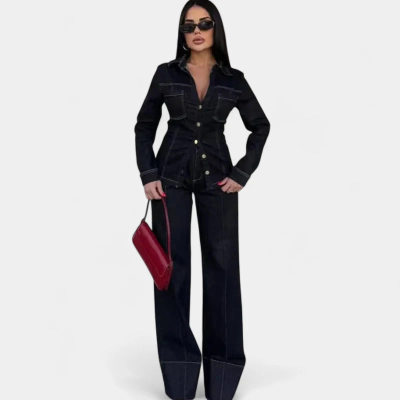 Gleame.-Outfit Sets-Gleame Spijkerset - Denim blouse met lange mouwen en wijde broek voor een trendy look