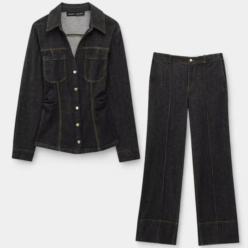 Gleame.-Outfit Sets-Gleame Spijkerset - Denim blouse met lange mouwen en wijde broek voor een trendy look