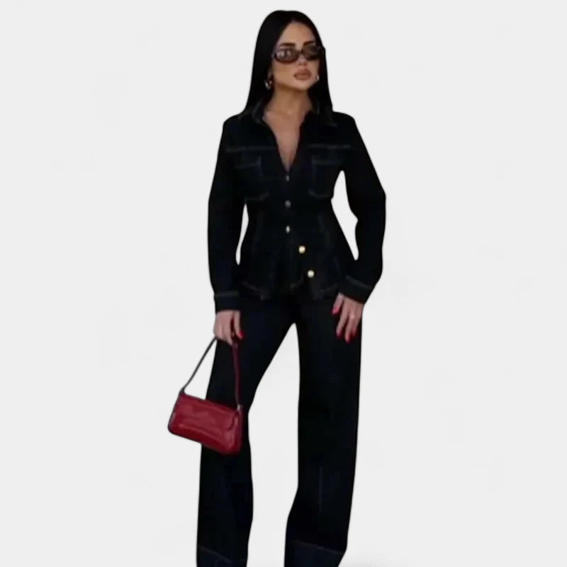 Gleame.-Outfit Sets-Gleame Spijkerset - Denim blouse met lange mouwen en wijde broek voor een trendy look