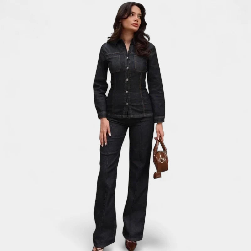 Gleame.-Outfit Sets-Gleame Spijkerset - Denim blouse met lange mouwen en wijde broek voor een trendy look