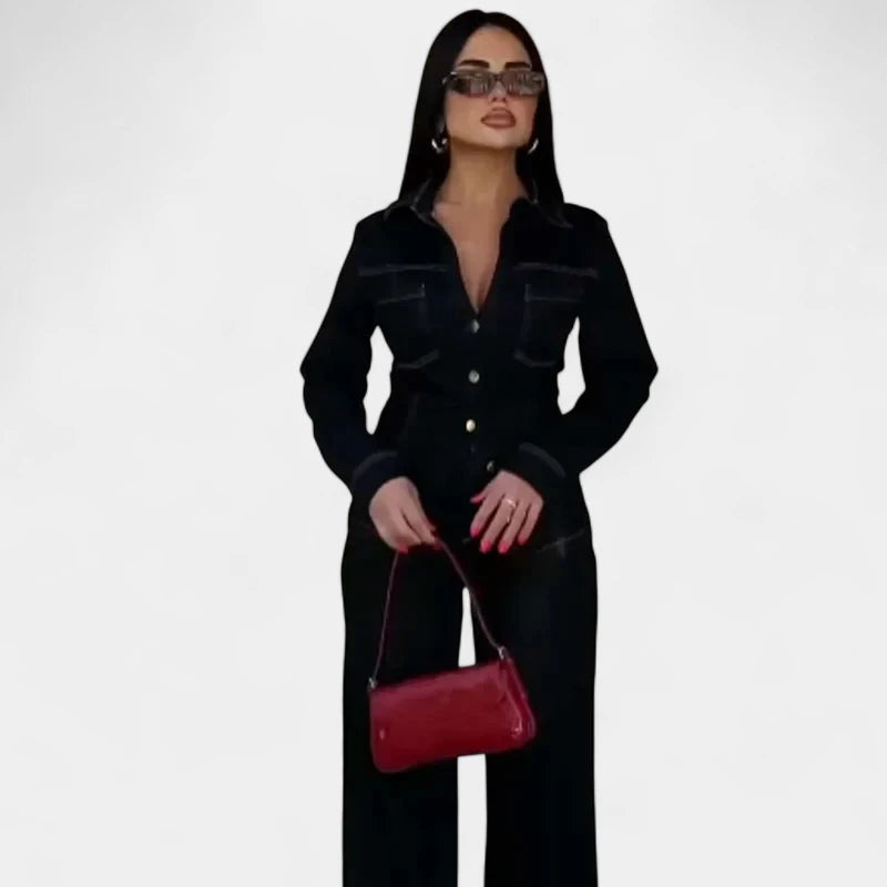 Gleame.-Outfit Sets-Gleame Spijkerset - Denim blouse met lange mouwen en wijde broek voor een trendy look