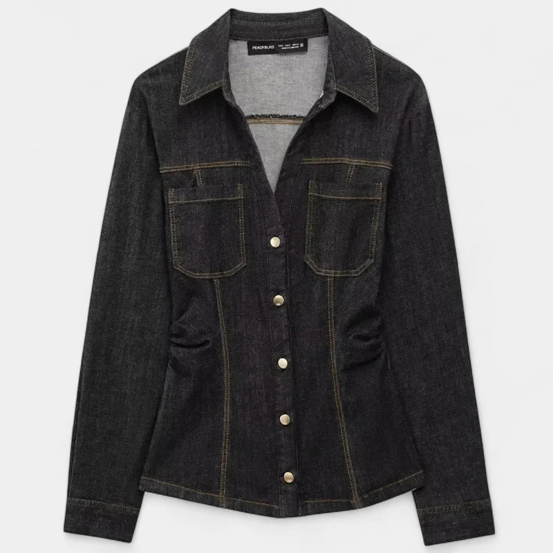 Gleame.-Outfit Sets-Gleame Spijkerset - Denim blouse met lange mouwen en wijde broek voor een trendy look