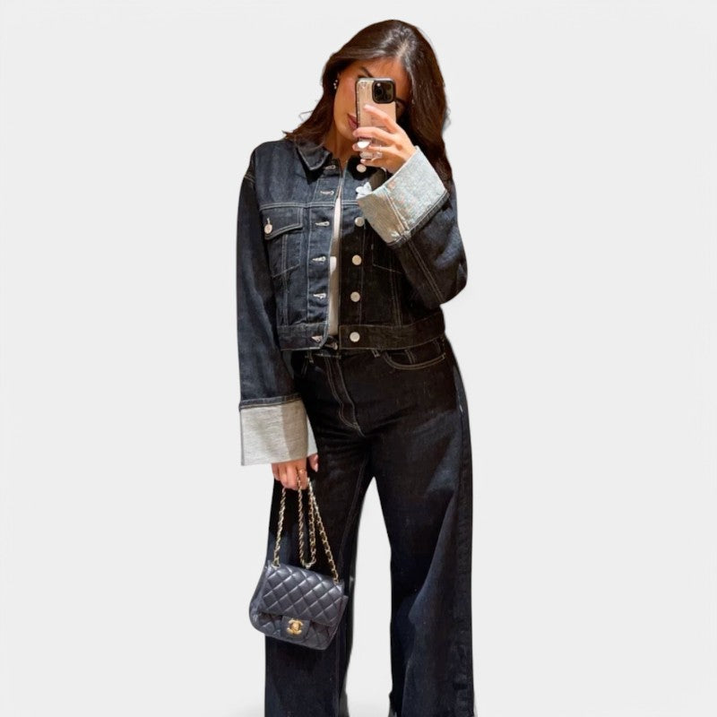 Gleame.-Outfit sets-Gleame Denim set - Casual dames set met kraag en lange mouwen