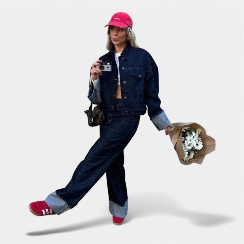 Gleame.-Outfit sets-Gleame Denim set - Casual dames set met kraag en lange mouwen