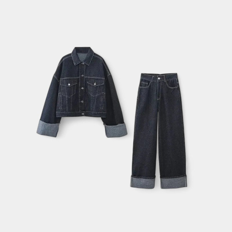 Gleame.-Outfit sets-Gleame Denim set - Casual dames set met kraag en lange mouwen