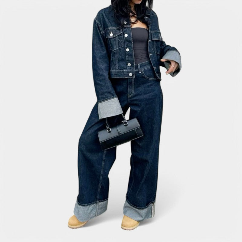 Gleame.-Outfit sets-Gleame Denim set - Casual dames set met kraag en lange mouwen